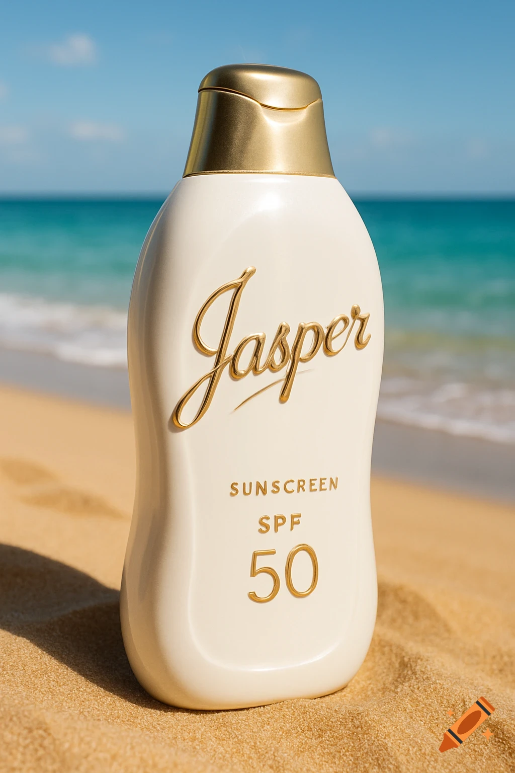 A cream-colored sunscreen bottle with a gold cap labeled Jasper SPF 50 on a sandy beach by the ocean.