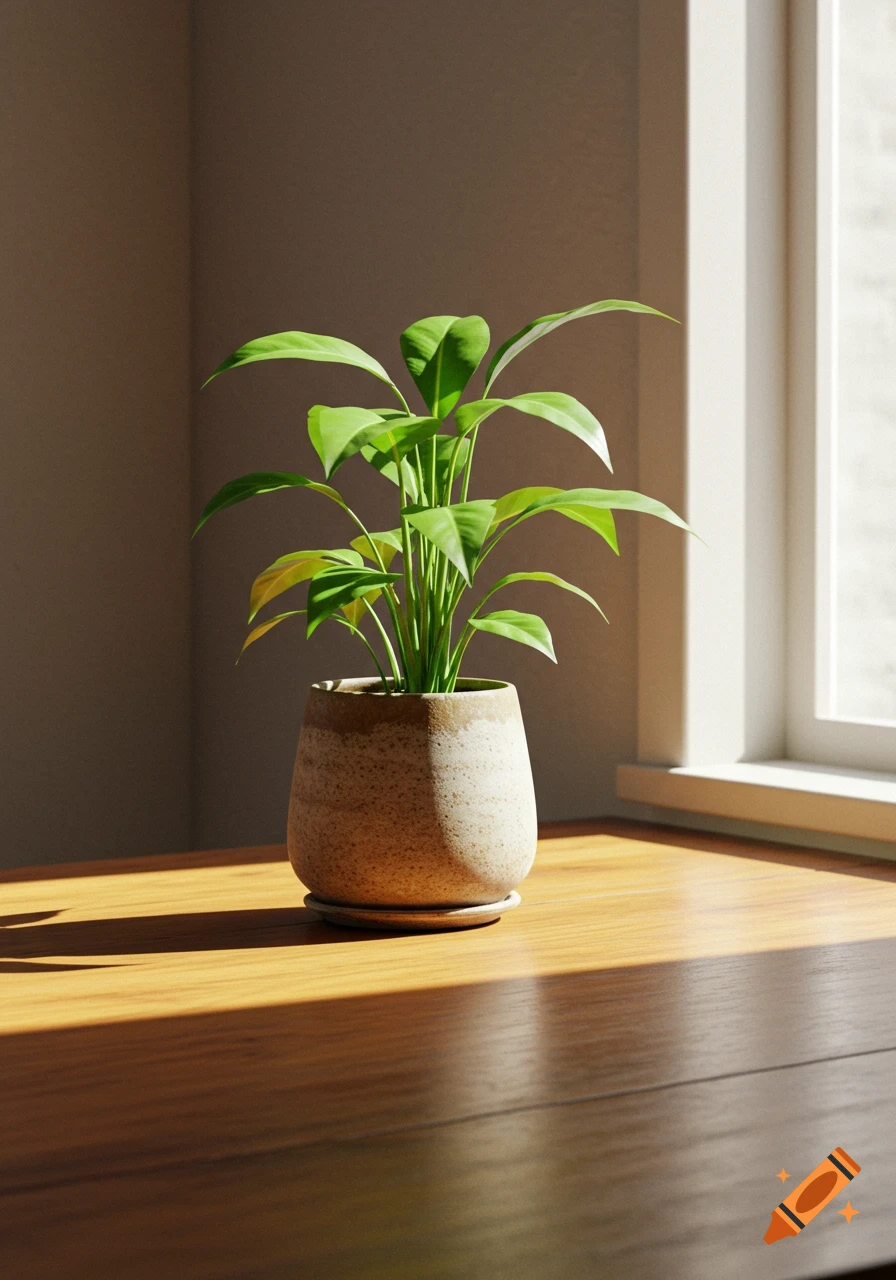 A vibrant green plant in a beige ceramic pot sits on a sunlit wooden desk beside a window, photorealistic.