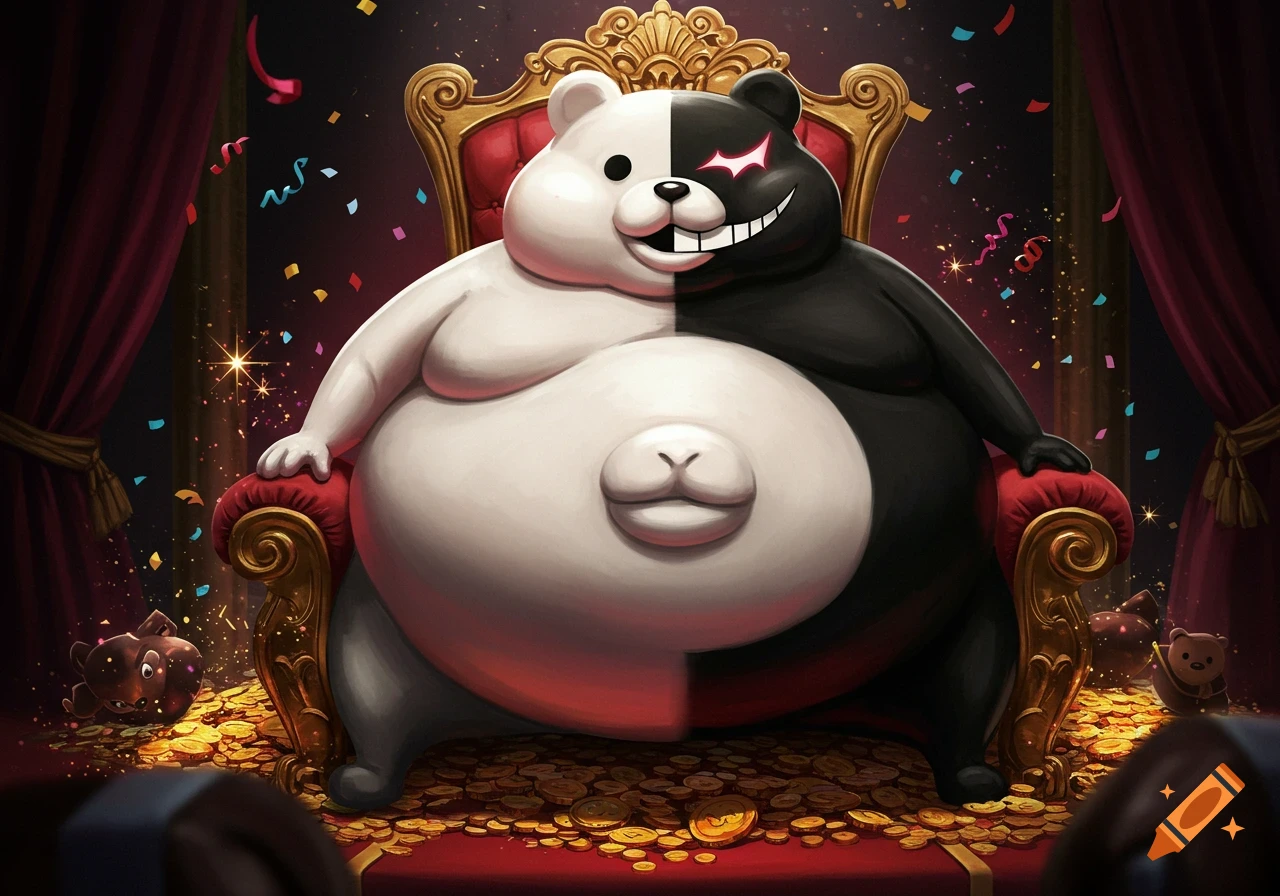 An extremely obese black and white bear character, Monokuma, with a wide grin, sits on a gold ornate throne surrounded by gold coins and falling confetti. The background is dark with red curtains.
