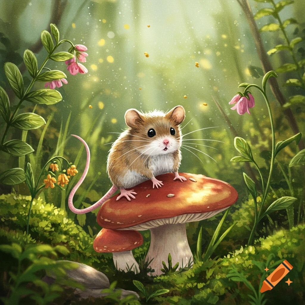 A cute brown mouse sits on a red mushroom in a sunlit, enchanting forest with glowing particles.