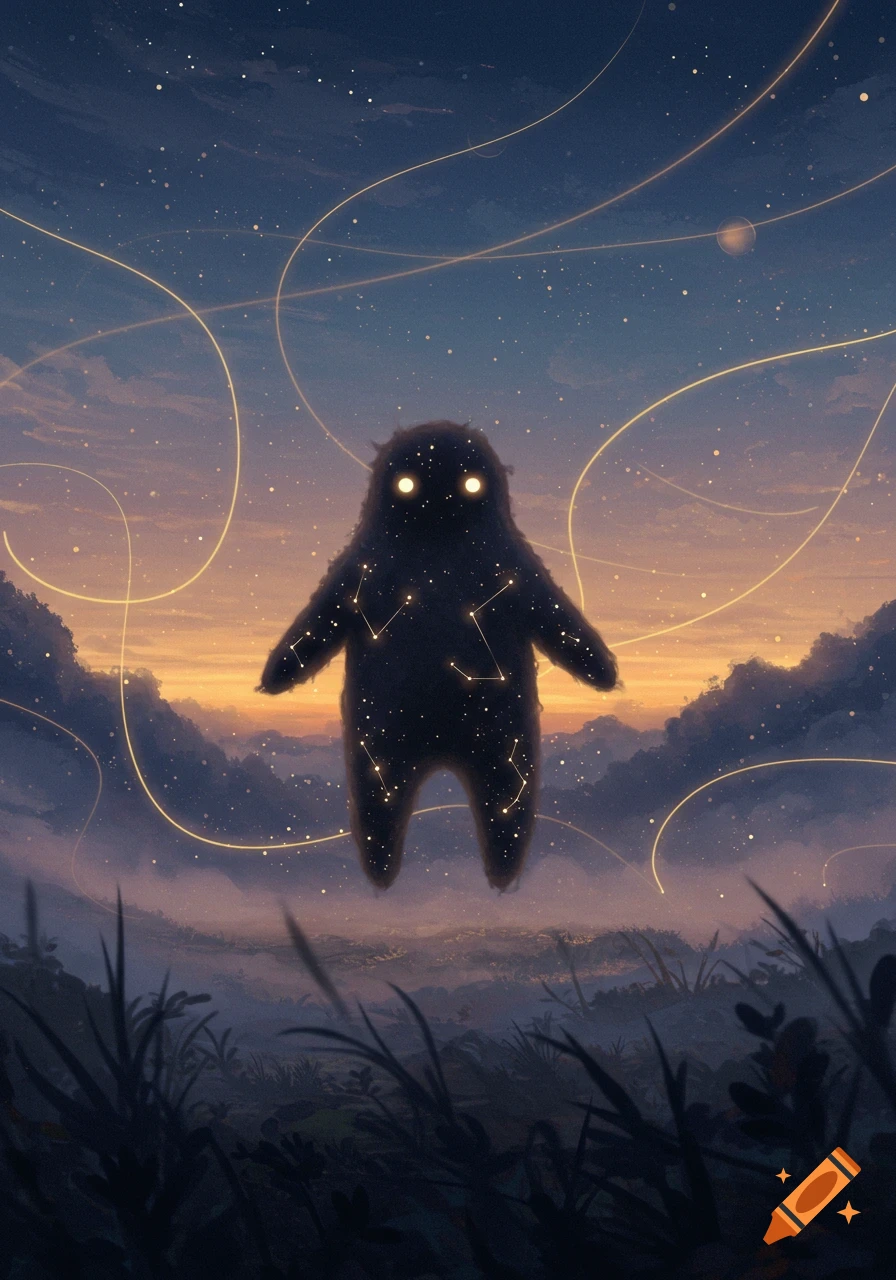 A dark, furry monster with glowing eyes and constellations inside floats in a twilight sky above misty mountains.