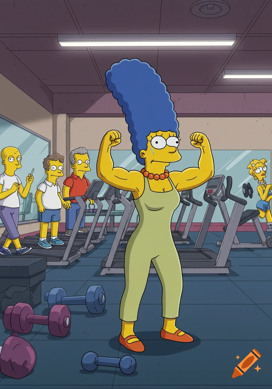 Marge Simpson flexing her biceps in a gym, surrounded by other cartoon characters exercising on treadmills.