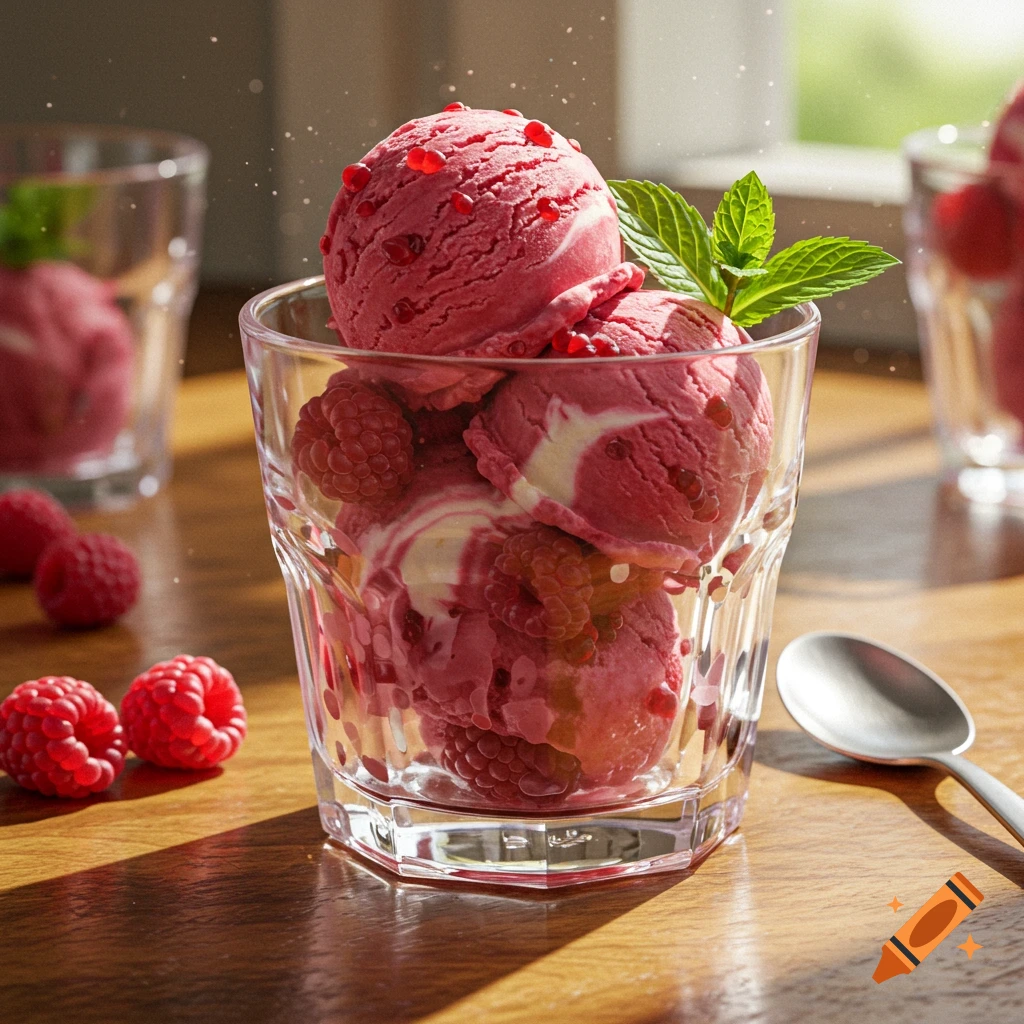 Photorealistic image of raspberry ice cream scoops in a clear glass with fresh raspberries and mint leaves on a wooden table.