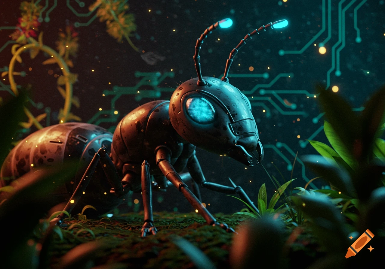 A close-up of a metallic robotic ant with glowing blue eyes and antennae, set against a dark background with glowing circuit board patterns and blurred green plants. Photorealistic.
