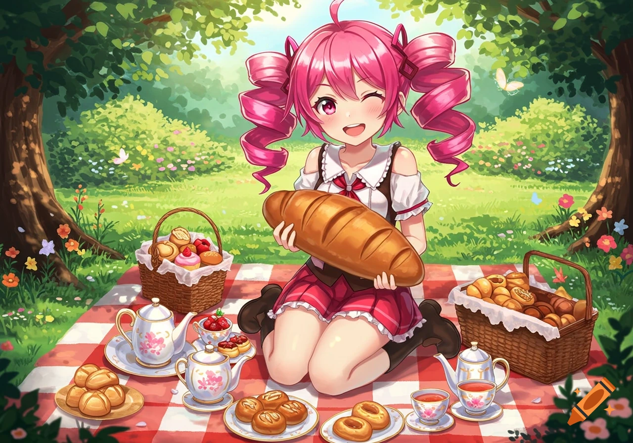 Anime girl with pink pigtails winks, holding a large loaf of bread at a picnic with pastries and tea in a forest clearing.
