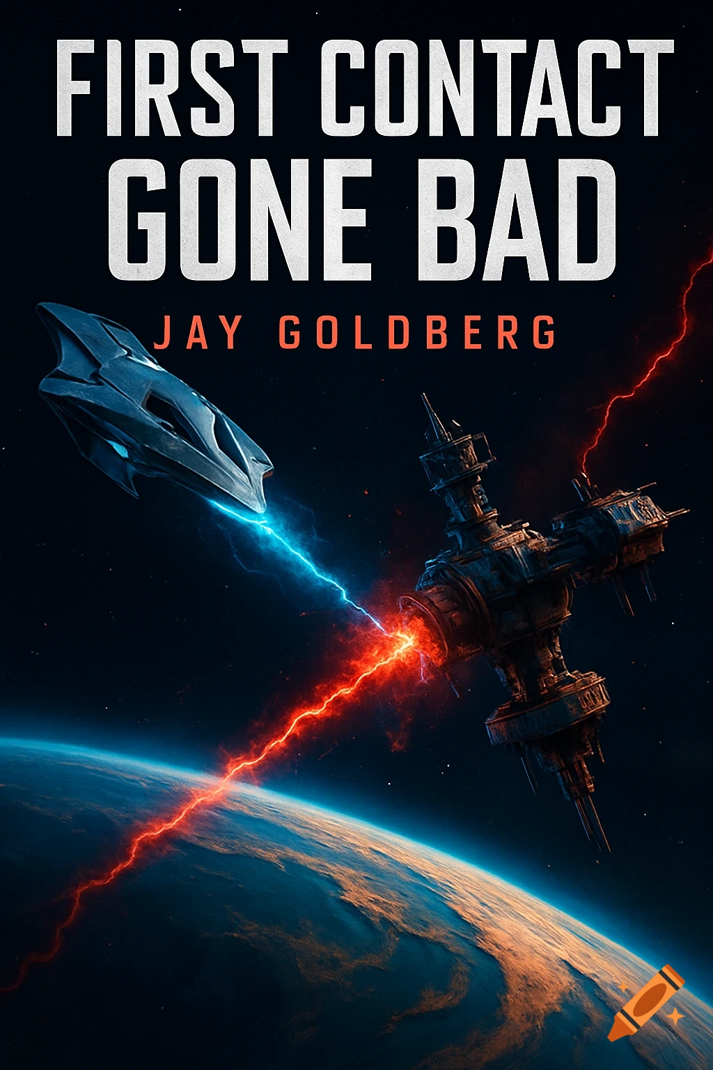 A dramatic sci-fi book cover with a spaceship and space station firing energy beams in space above Earth. Title 'First Contact Gone Bad' by Jay Goldberg.