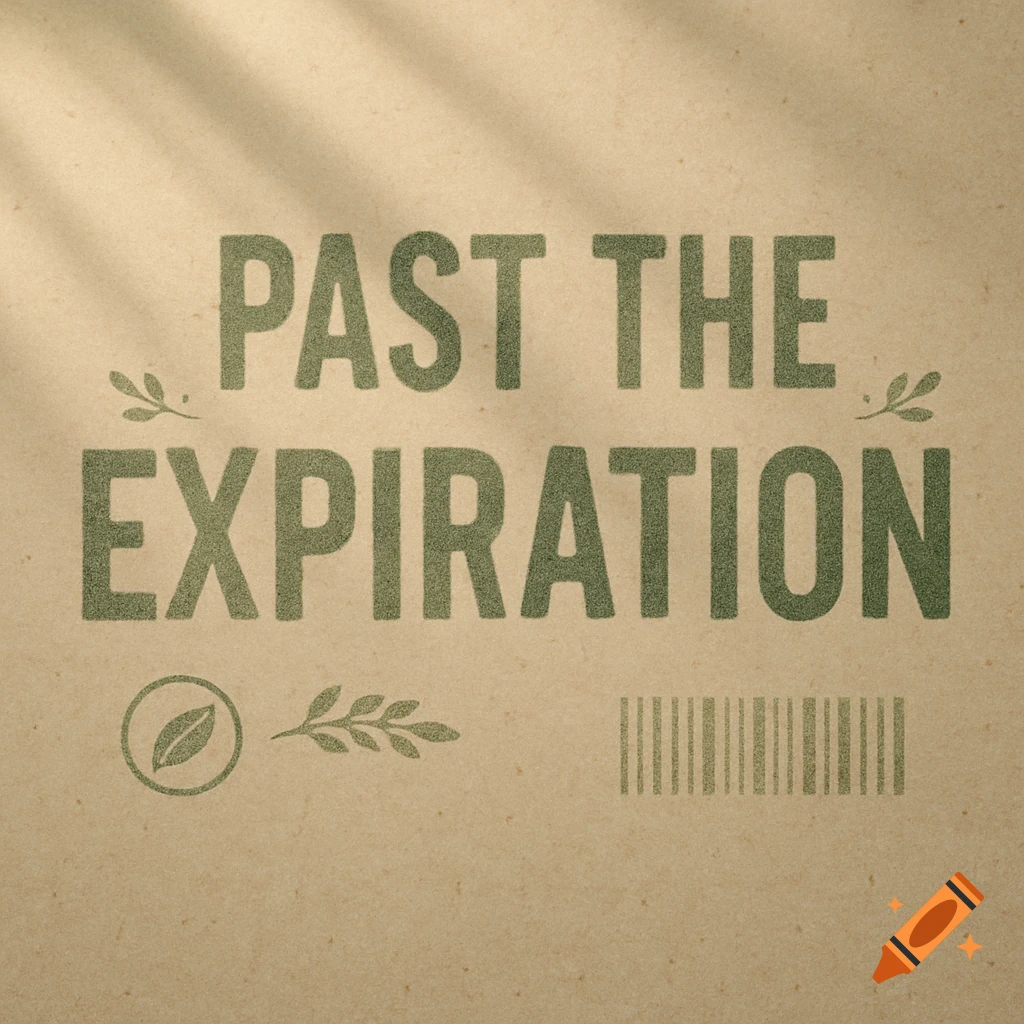 The phrase "PAST THE EXPIRATION" in a dark green, rustic font, centered on a light brown textured paper background with subtle shadows.
