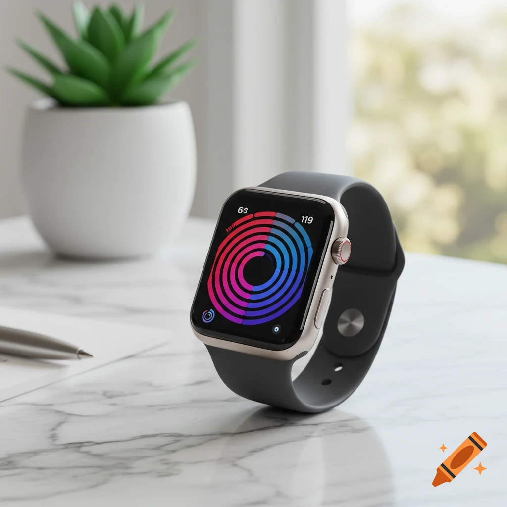 An Apple Watch with a dark band and colorful display rests on a white marble table next to a pen, with a potted plant in the background.