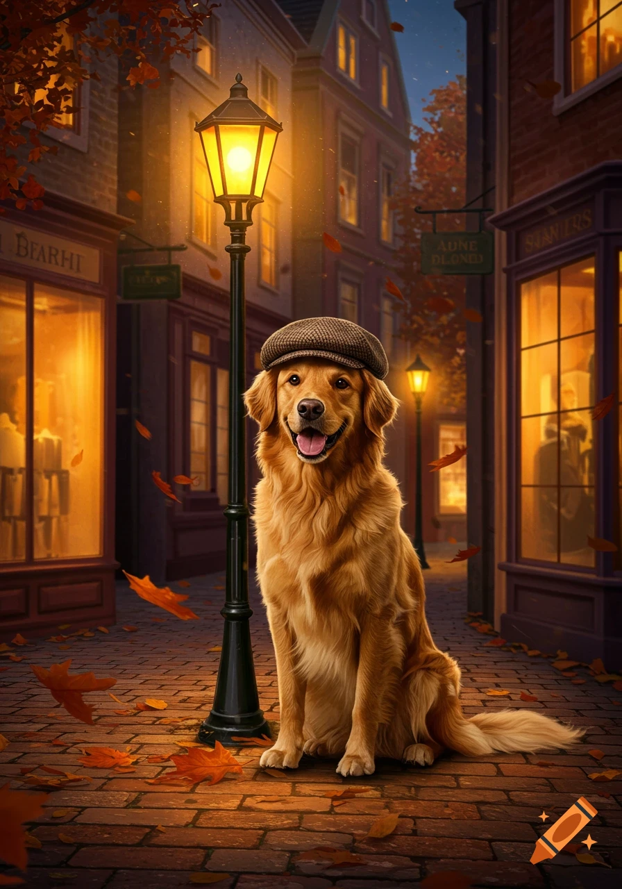 A happy golden retriever wearing a flat cap sits on a cobblestone street at night, illuminated by a glowing street lamp, with autumn leaves scattered around.