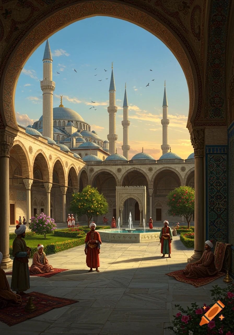 A photorealistic view through an archway of a grand mosque courtyard with a central fountain, lush gardens, and people in traditional attire under a clear sky.
