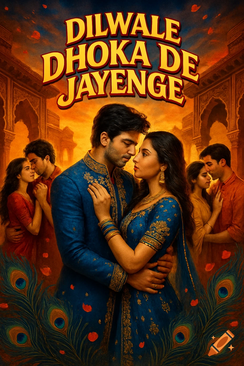Bollywood movie poster featuring three couples embracing in traditional attire against a sunset sky, with peacock feathers. Text reads 'DILWALE DHOKA DE JAYENGE'.