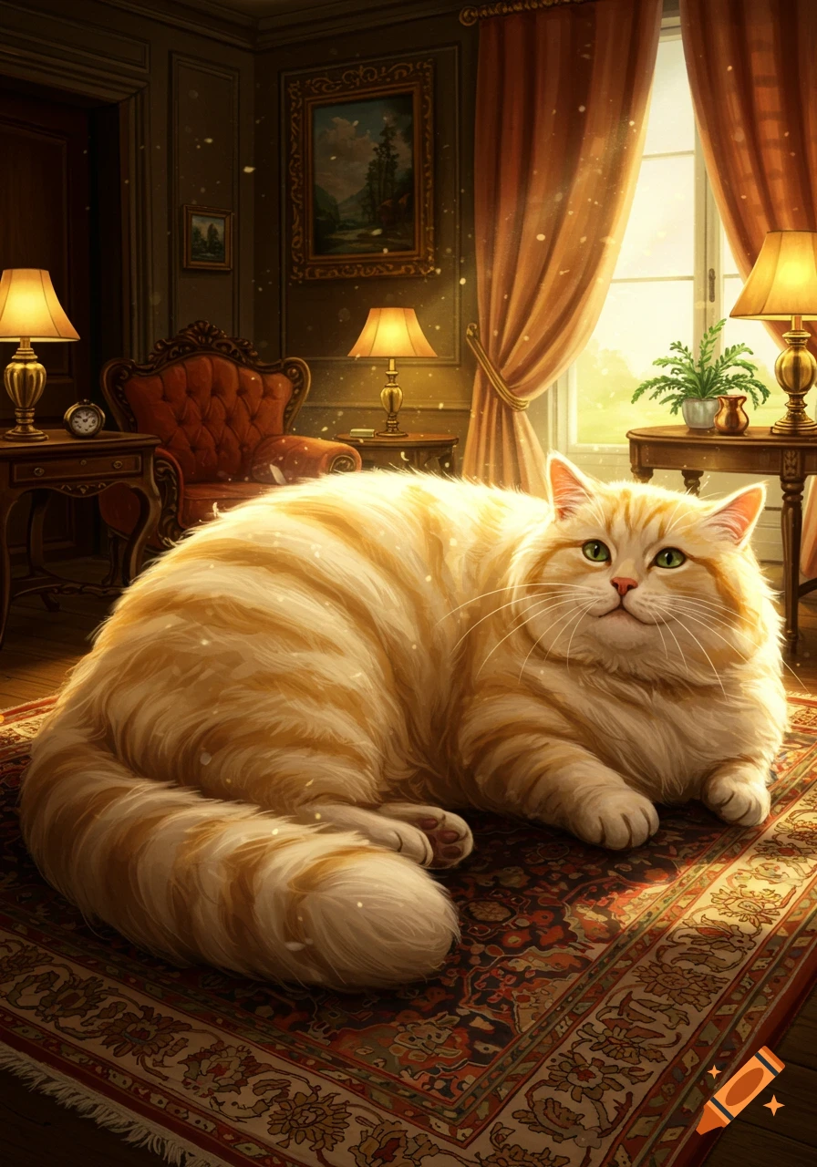 A fluffy orange and white tabby cat lies on a patterned rug in a warm, ornate room with antique furniture and sunlit windows.
