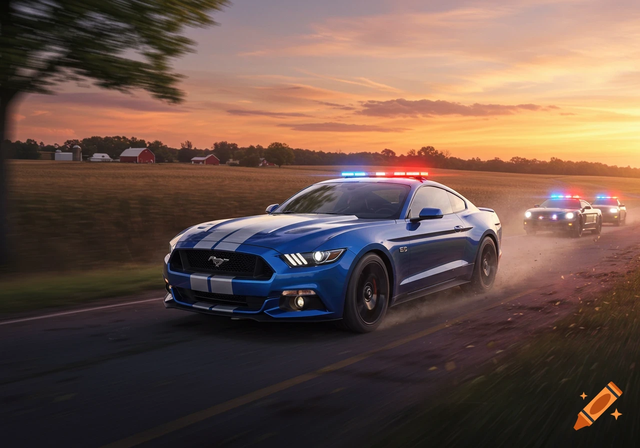 Blue Mustang with white stripes chased by two police cars on a rural road at sunset, photorealistic.