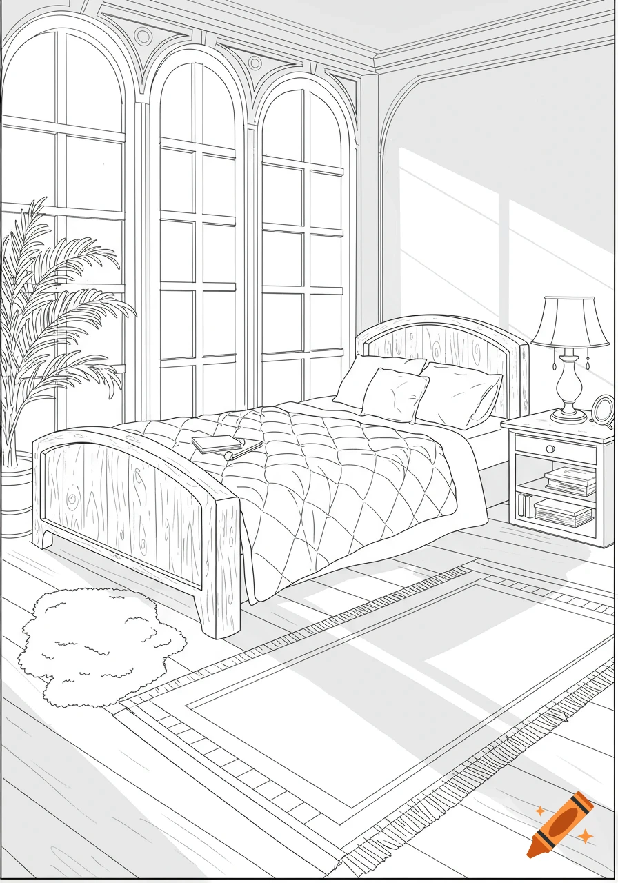Black and white line art coloring page of a cozy bedroom with a bed, nightstand, lamp, and large windows.