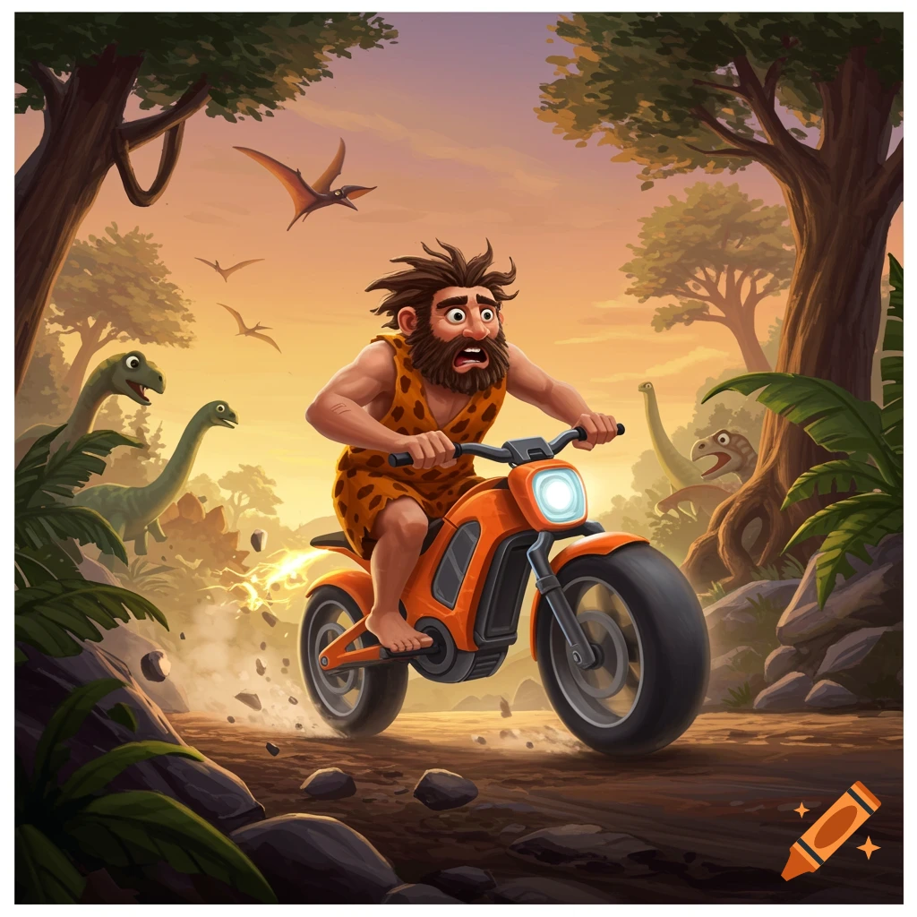 A cartoon illustration of a scared caveman riding an orange electric bike through a prehistoric jungle, with dinosaurs and pterodactyls in the background.