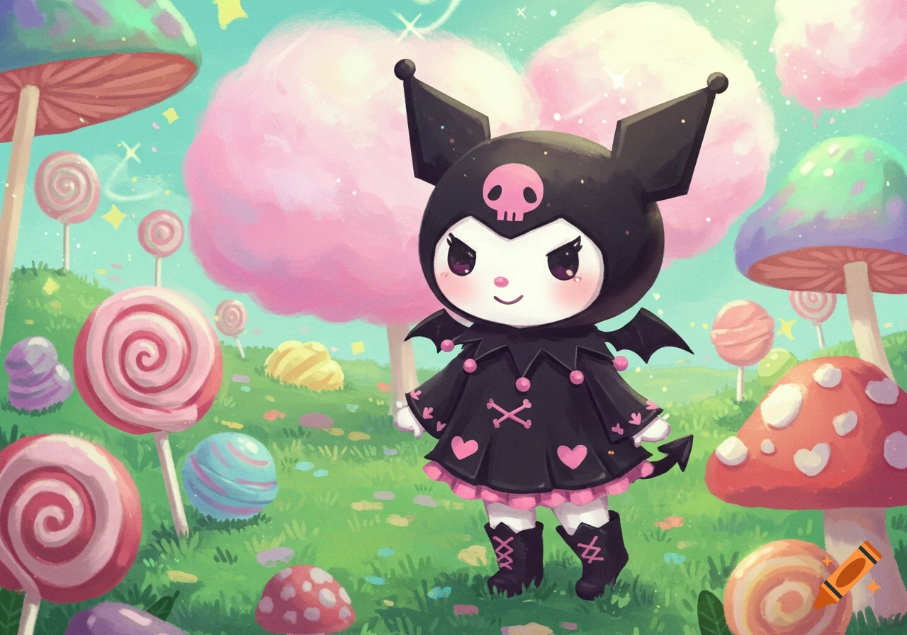 A cute black and pink cartoon character resembling Kuromi stands in a vibrant candy and mushroom landscape.