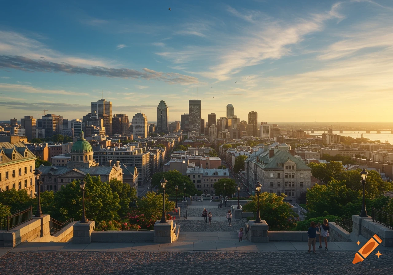 A panoramic view of Montreal's cityscape at golden hour, featuring historic buildings in the foreground and a skyline of modern skyscrapers.