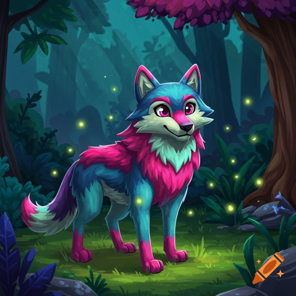 A vibrant cartoon wolf with pink and blue fur stands in a glowing, magical forest.