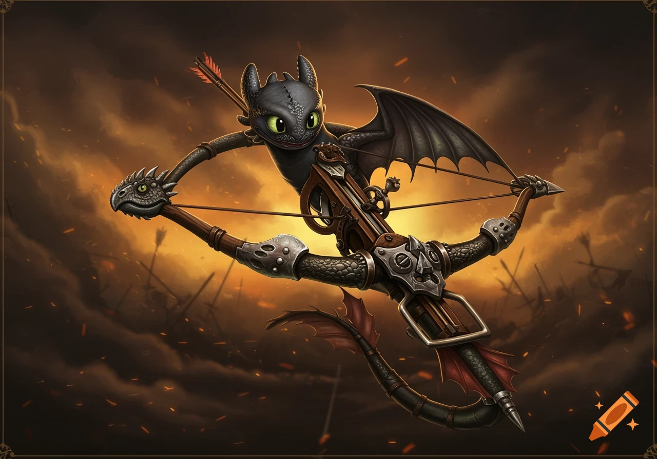 A stylized black dragon resembling Toothless is integrated into a fantasy crossbow, with an arrow ready to fire, set against a dramatic, smokey, and fiery background.