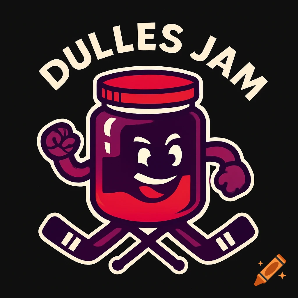 Cartoon logo of a purple jam jar character holding hockey sticks with 'DULLES JAM' text on a black background.