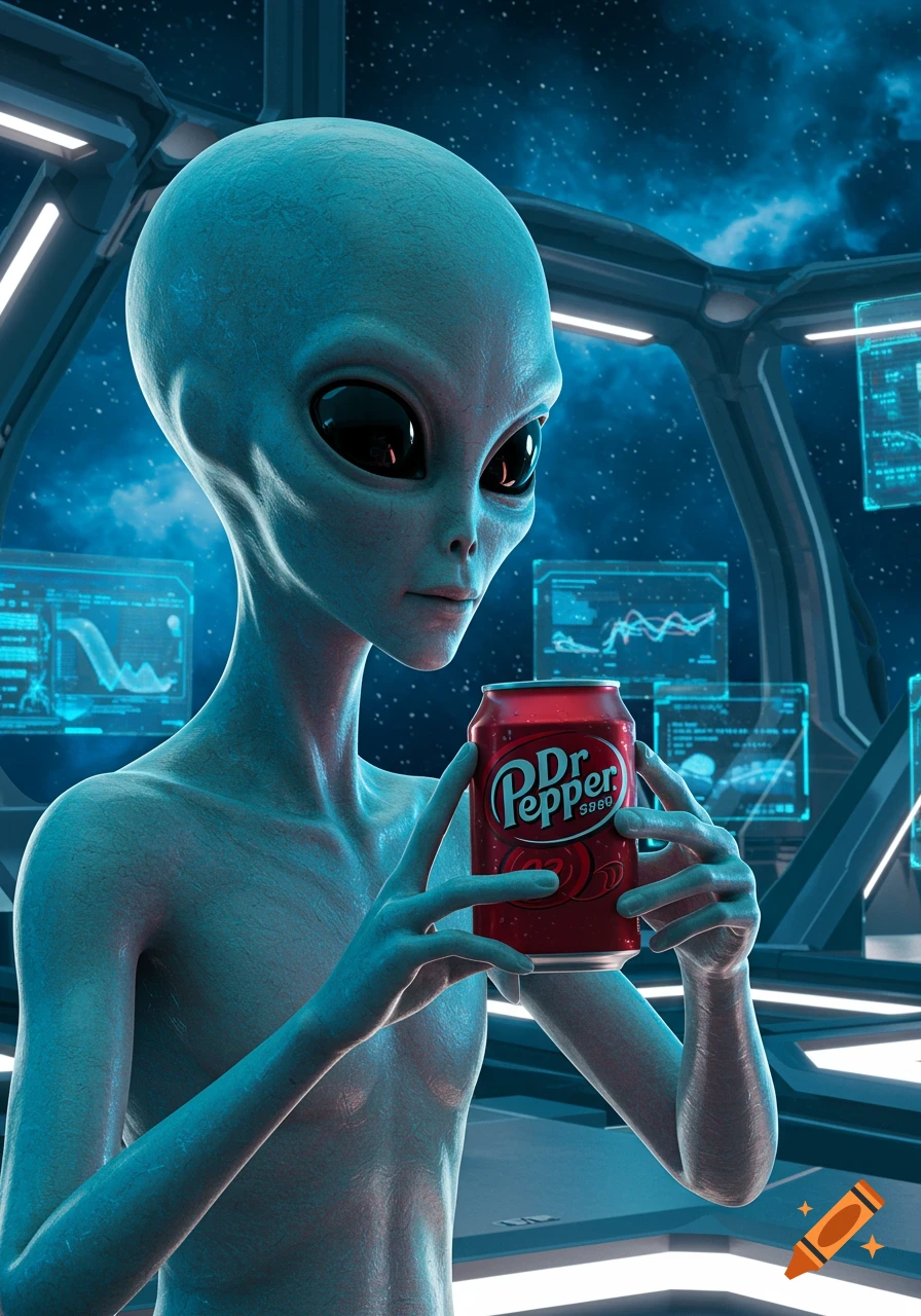 A grey alien with large black eyes holds a red Dr. Pepper can inside a futuristic spaceship, with screens displaying data in the background.