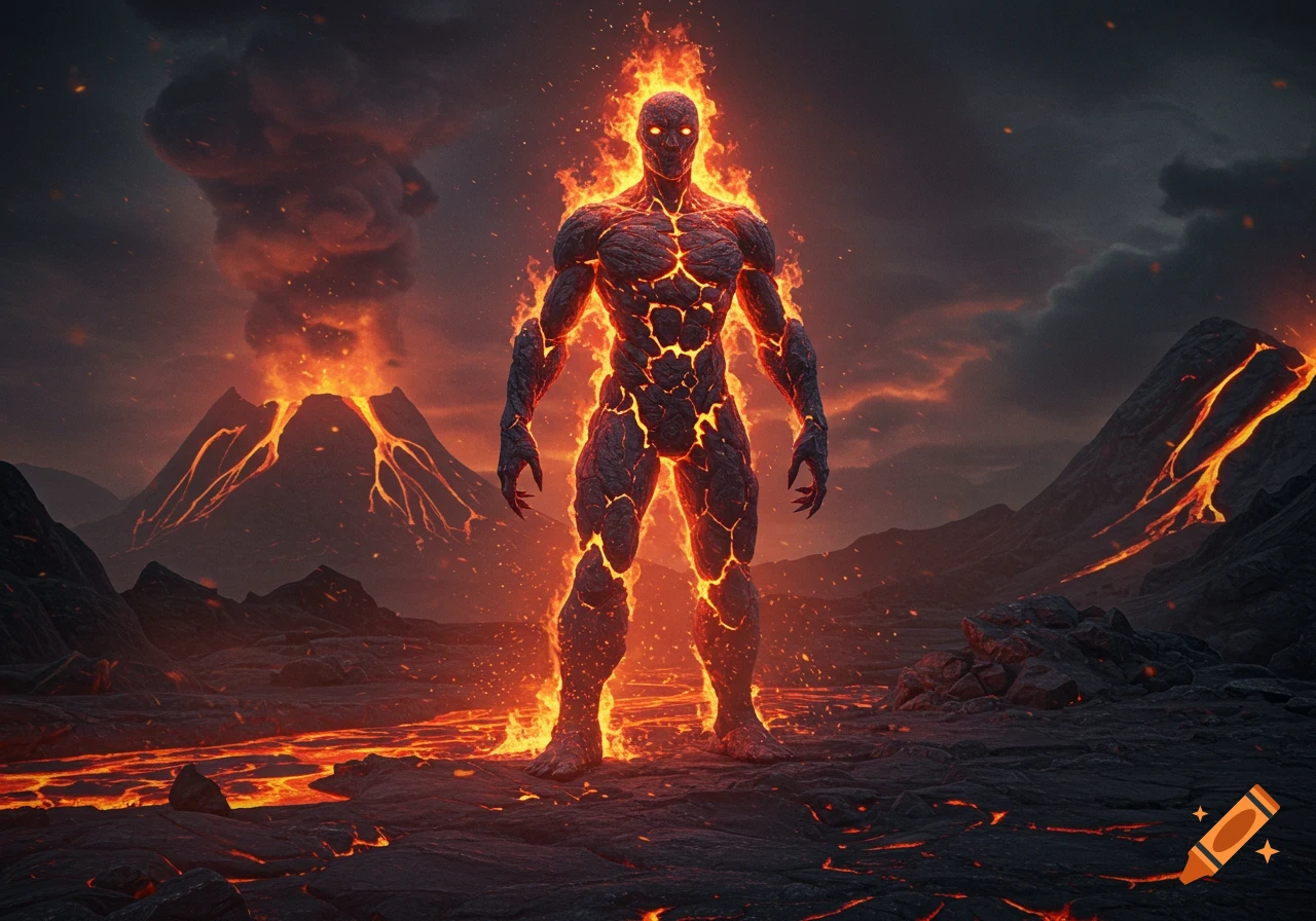 A humanoid creature made of fire and magma stands in a volcanic landscape with erupting volcanoes.