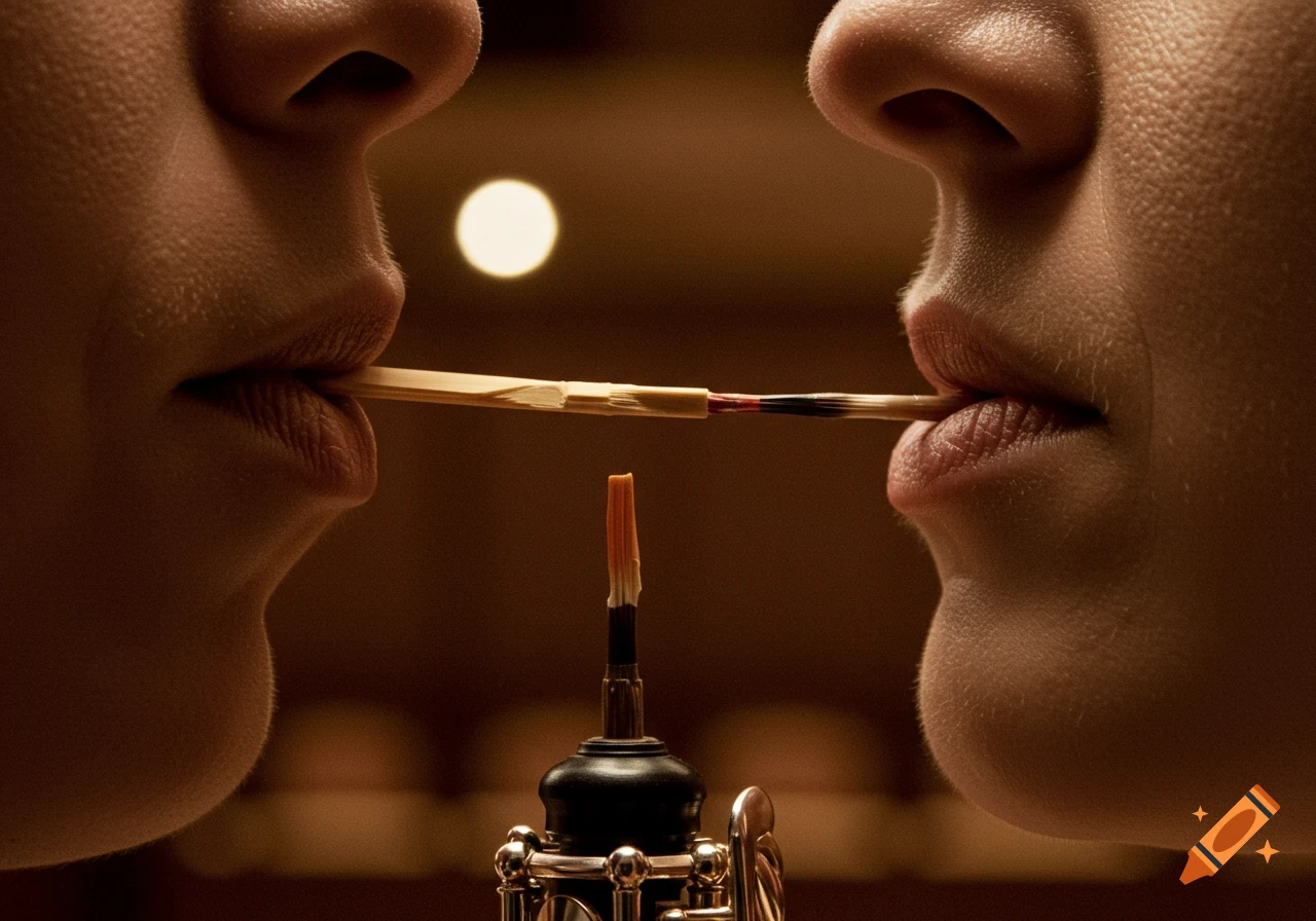 Close-up of two people's mouths sharing an oboe reed, with an oboe below.