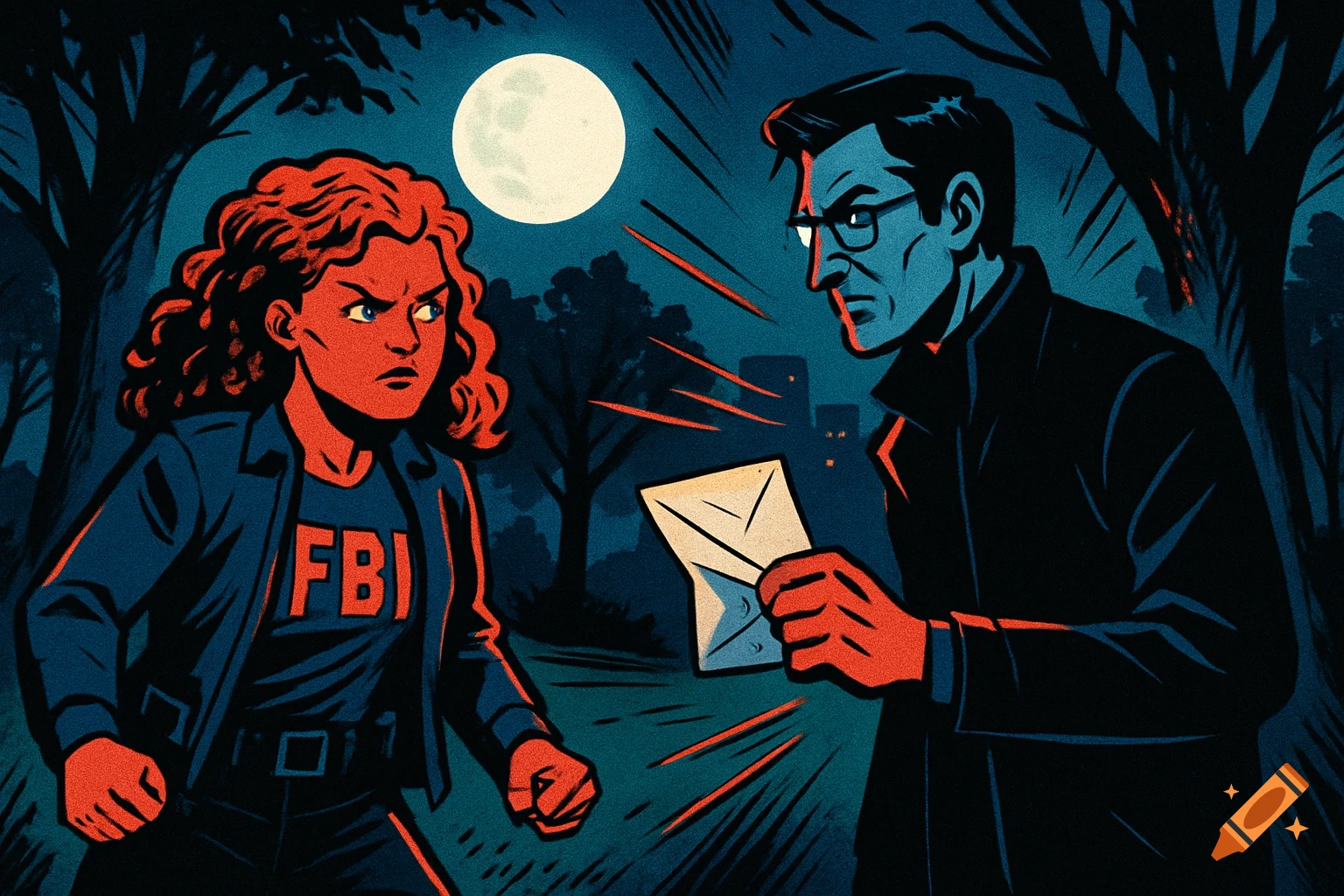 A red-haired female federal agent in an 'FBI' shirt confronts a male terrorist holding a letter, in a comic book style at night under a full moon.