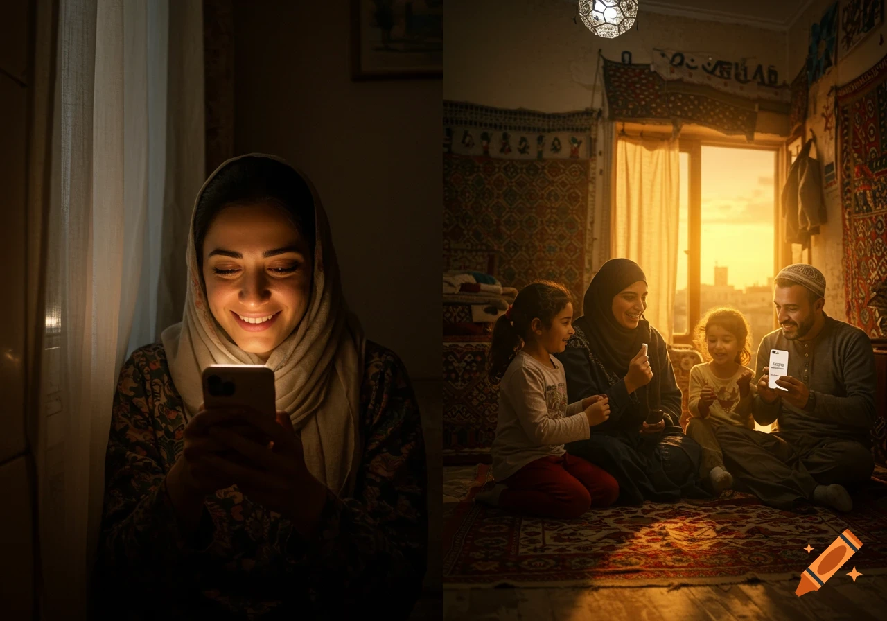 A split image: left, a woman smiling at her phone in a dark room; right, a family on a rug in a warm room, looking at phones.