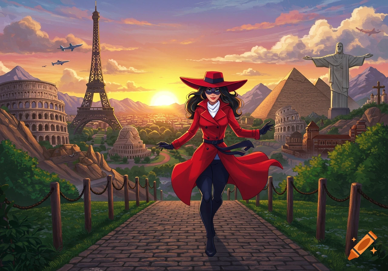 Illustrated woman in red coat and hat on a path overlooking a composite landscape of world landmarks at sunset.