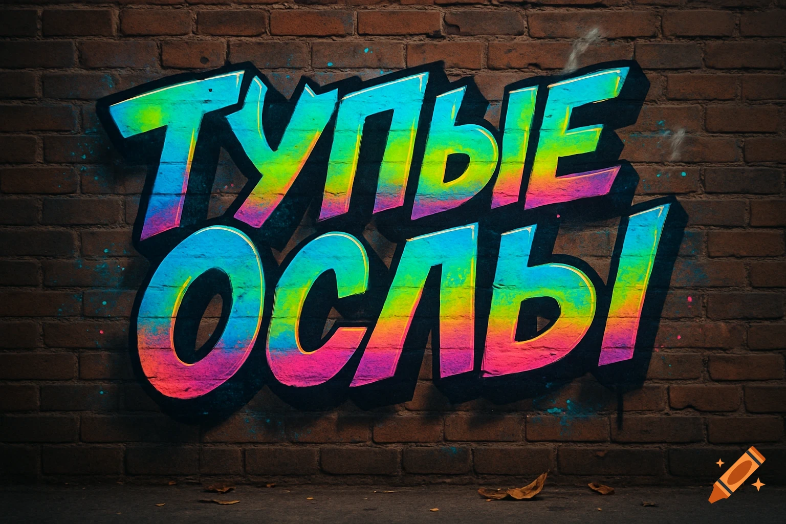 Colorful graffiti text "ТУПЫЕ ОСЛЫ" on a dark brick wall.