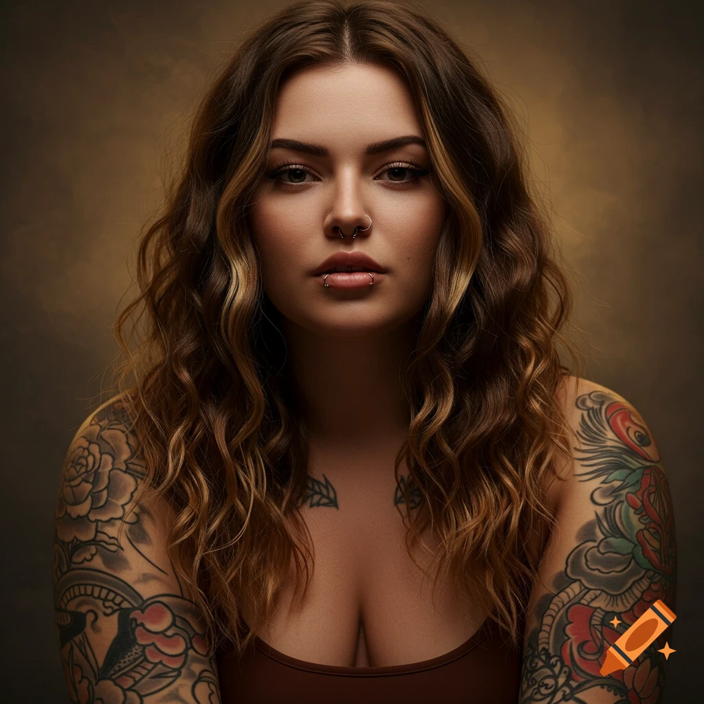 Close-up portrait of a woman with wavy brown hair, blonde highlights, full sleeve tattoos, septum and lip piercings.