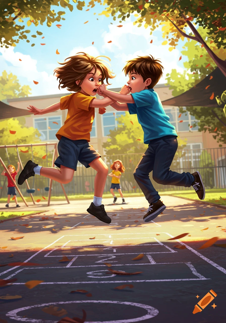 Cartoon illustration of children playing hopscotch on a sunny school playground with autumn leaves.