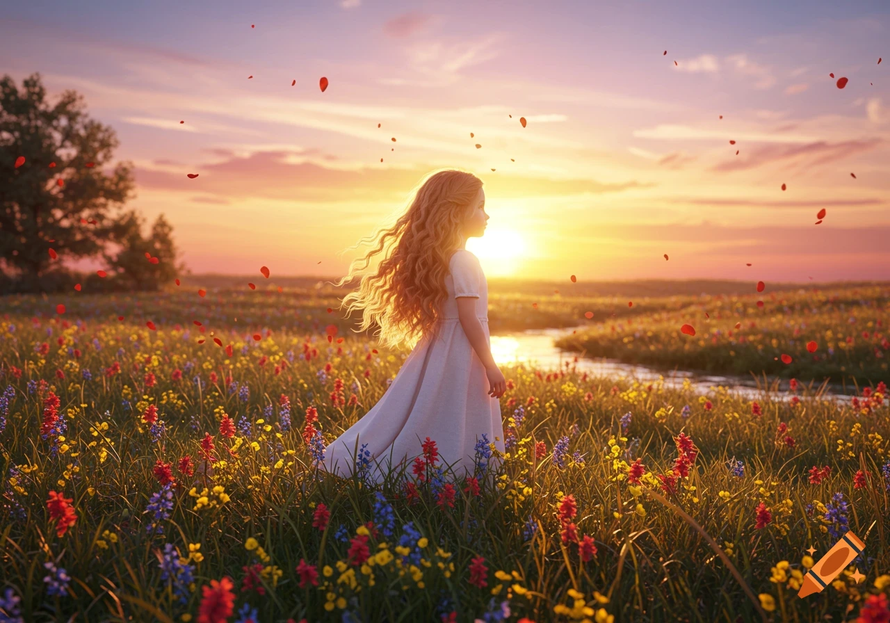 A girl in a white dress stands in a vibrant wildflower field at sunset with falling red petals. Photorealistic style.