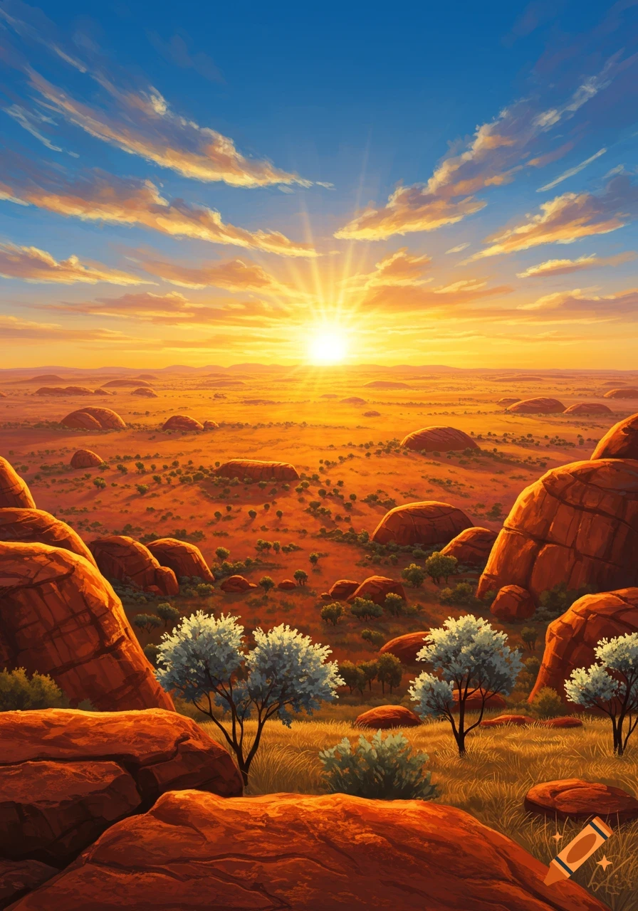 Vibrant, stylized desert landscape at sunset with orange rock formations, green bushes, and a brilliant sun on the horizon.
