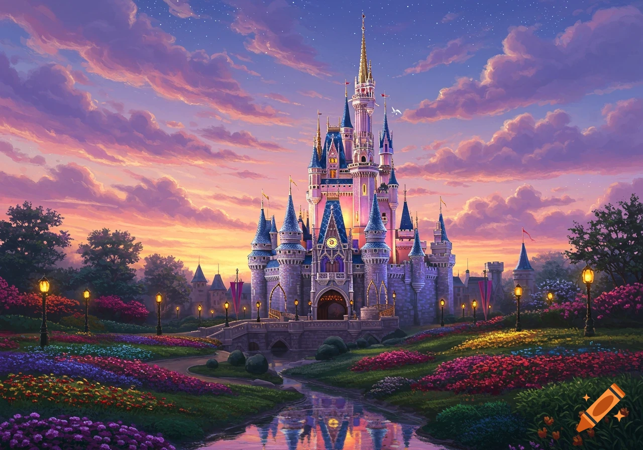 A vibrant fantasy castle with blue turrets and pink light, set against a dramatic purple and orange sunset sky with fluffy clouds, surrounded by colorful flower gardens and a reflective stream.