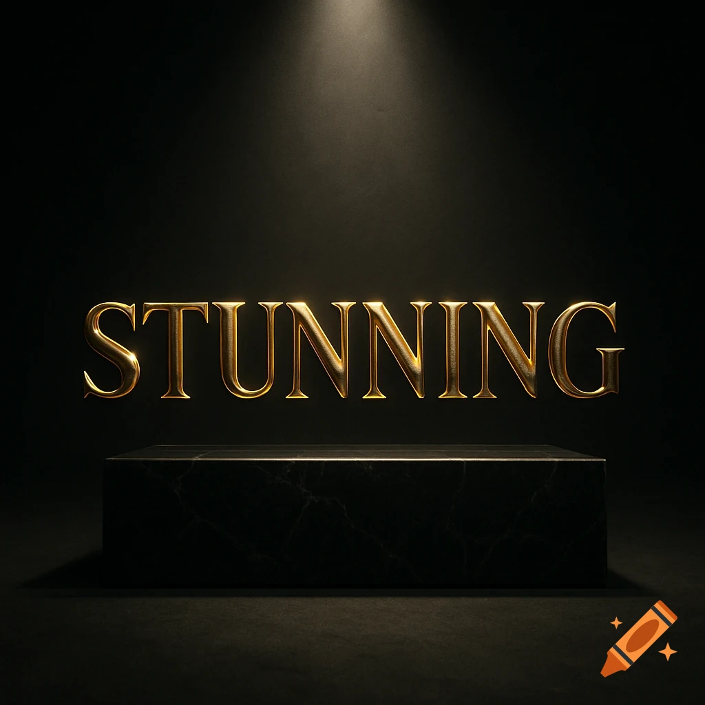 Gold 3D text 'STUNNING' illuminated by a spotlight above a black marble pedestal on a dark background.