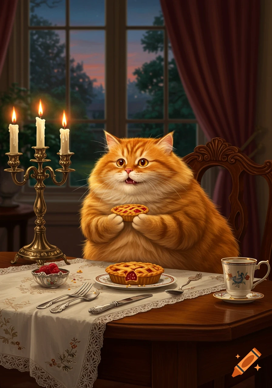 A fluffy orange cat sits at an elegant candlelit dinner table, holding a small berry pie while another sits on a plate.