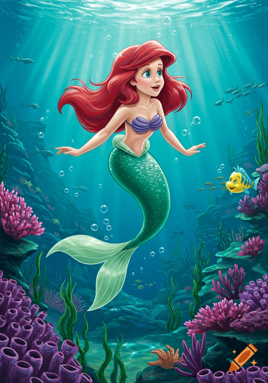 Ariel the little mermaid swims underwater among colorful coral, seaweed, and fish in a bright, animated style.