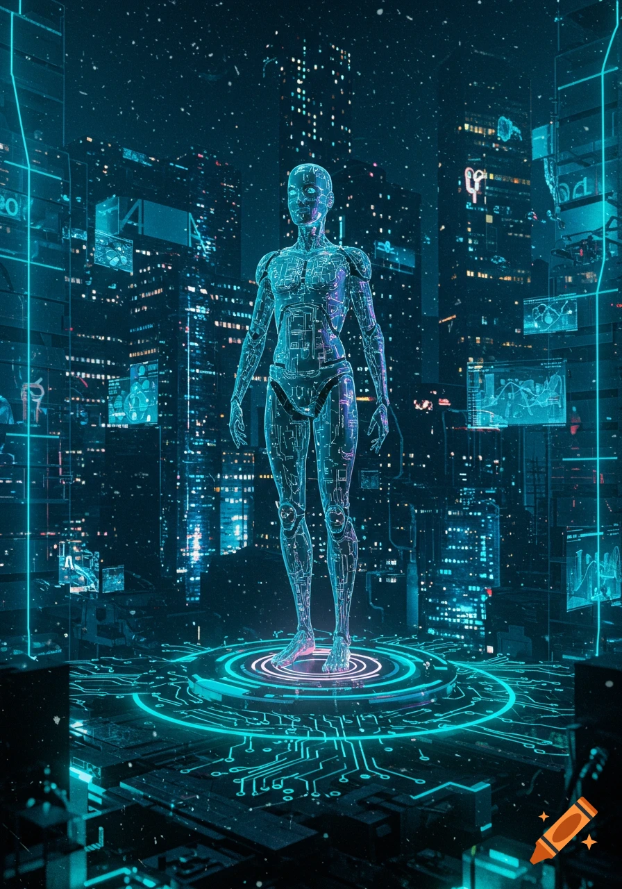 A humanoid robot with glowing circuitry stands on a digital platform in a futuristic city at night, with neon lights and holographic screens.