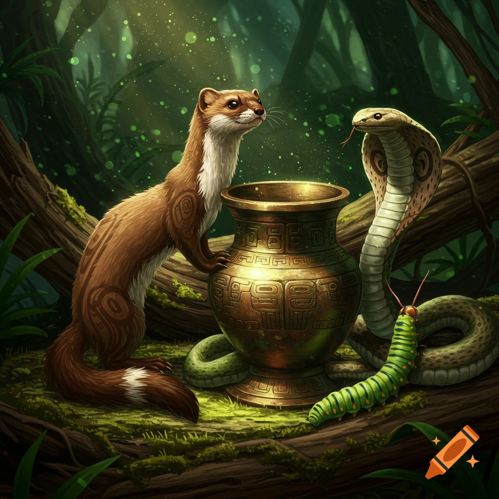 A weasel and a cobra face each other over an ornate bronze pot, with a green caterpillar nearby, in a lush, mystical jungle setting with glowing particles.