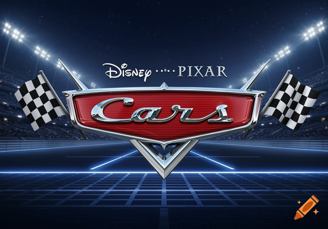 The Disney and Pixar Cars logo on a red and chrome emblem, flanked by checkered flags, against a dark stadium background.