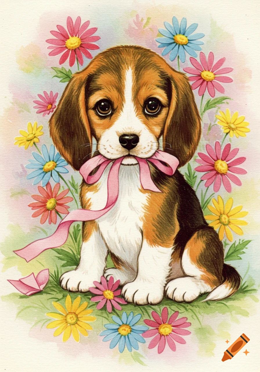 A cute beagle puppy with big eyes holding a pink ribbon in its mouth, surrounded by colorful daisy flowers in a watercolor vintage card style.