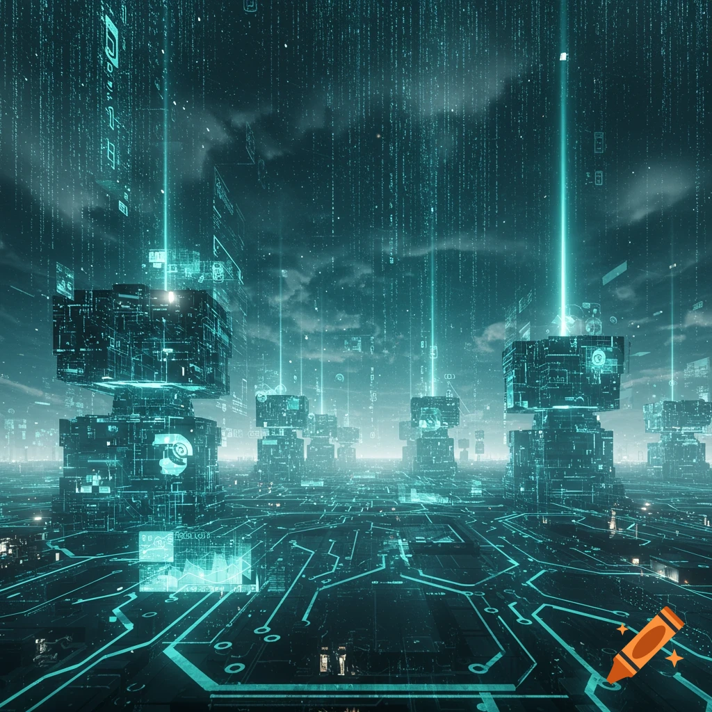 Futuristic digital city with glowing circuit patterns, cube-like structures, and data streams under a dark, cloudy sky.