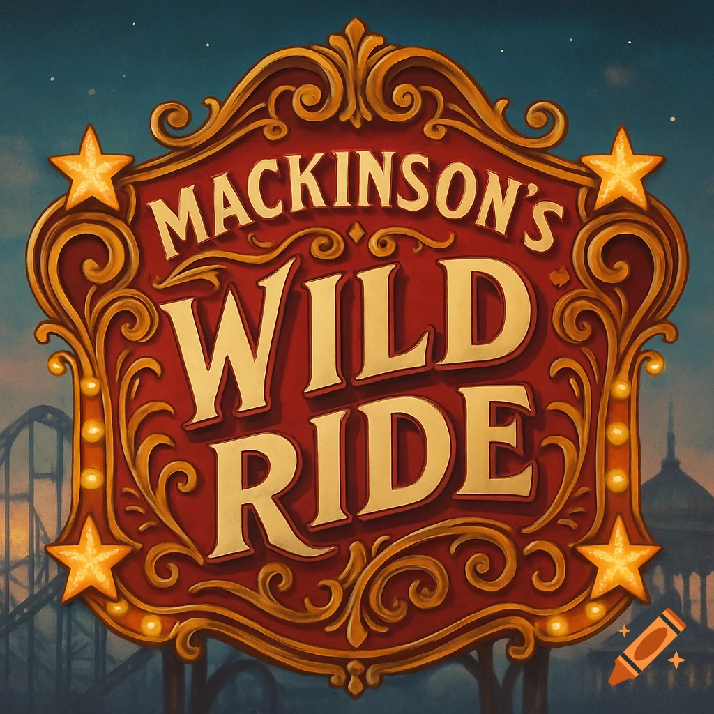 An ornate vintage red and gold sign for 'Mackinson's Wild Ride' roller coaster at a theme park against a night sky.