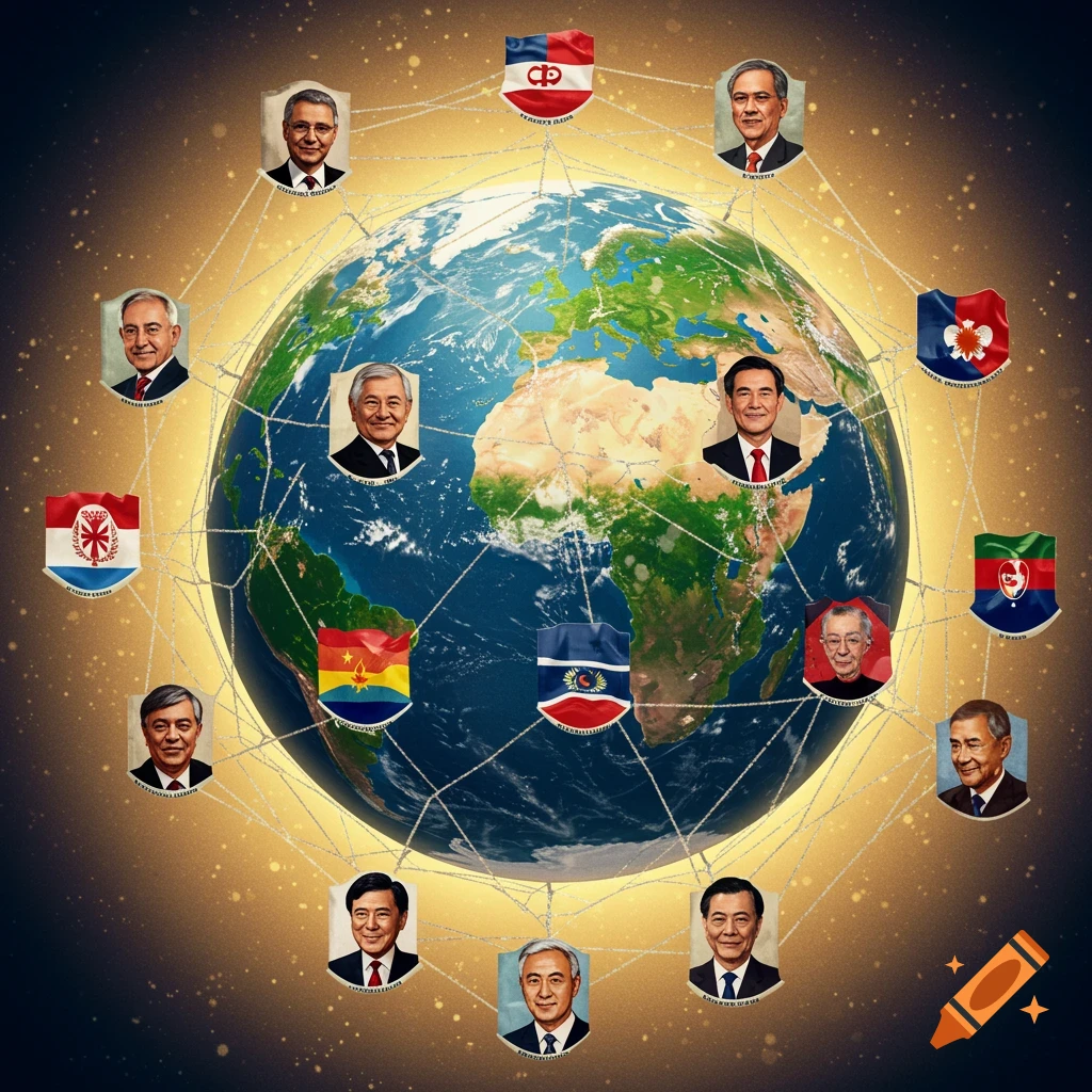 A stylized globe connected by a spiderweb of lines to various country flags and portraits of male leaders against a golden, starry background.