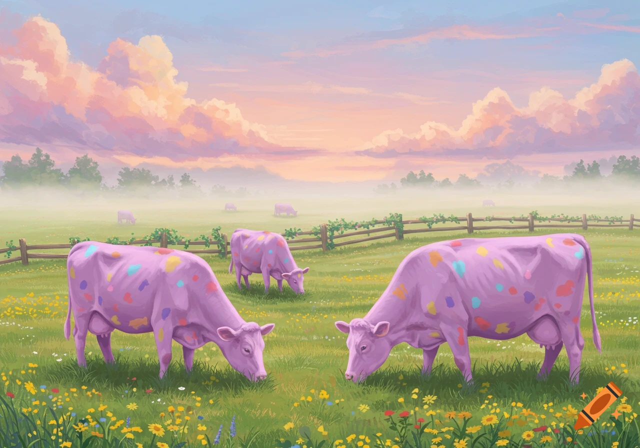 Purple cows with colorful spots graze in a vibrant green field with wildflowers at sunset, under a cloudy, pastel sky.