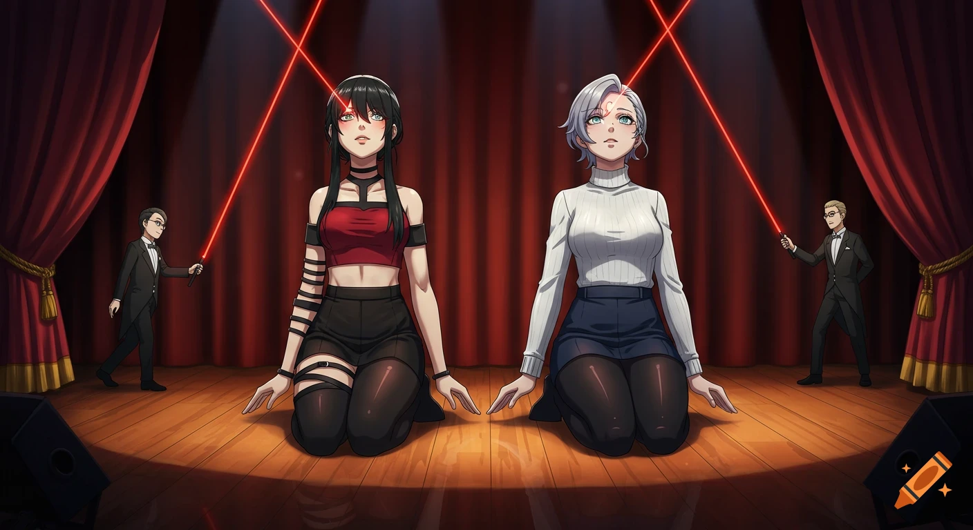An anime illustration shows two women in a dazed trance kneeling on a stage with red curtains, as two men aim red lasers at their foreheads.