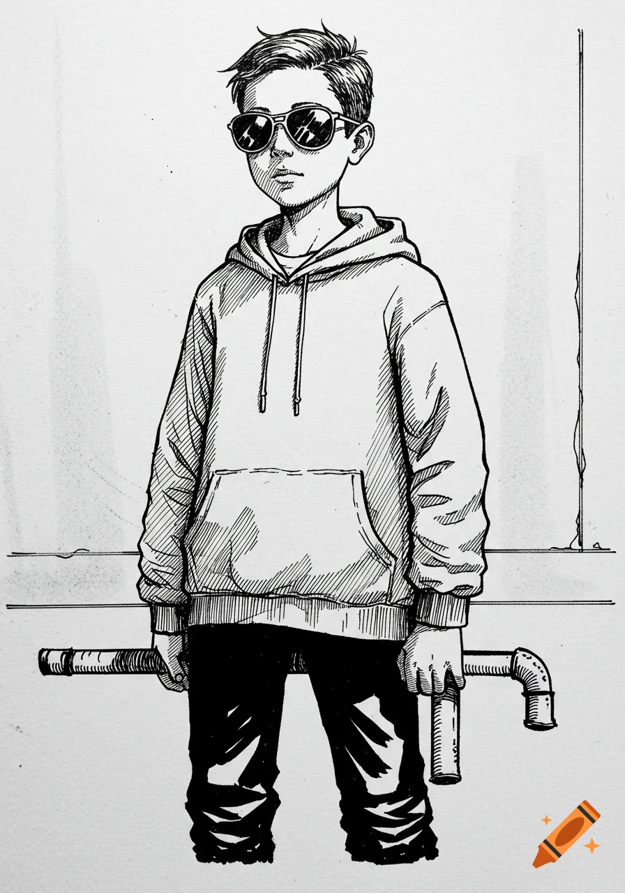 A black and white sketch of a boy wearing a hoodie and sunglasses, holding a metal pipe.