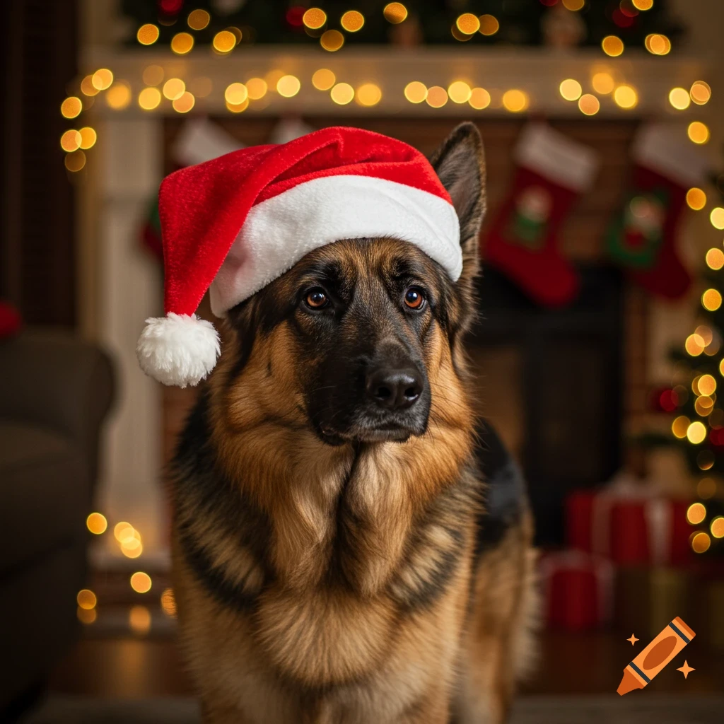 Photorealistic German Shepherd dog wearing a Santa hat in a festive Christmas living room with lights.